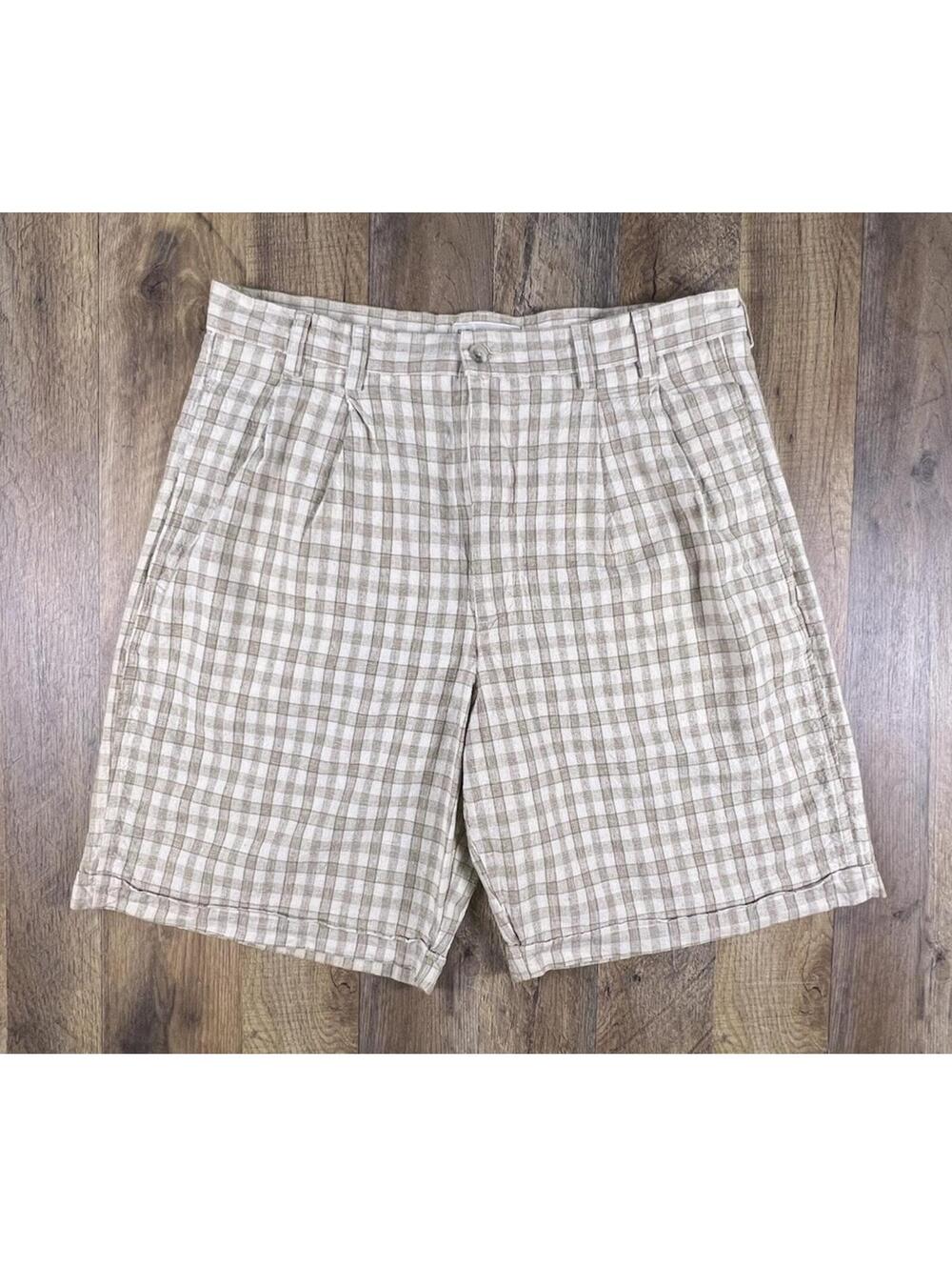 Vintage Plaid Pleated Chino Shorts 34 x 9" Relaxed 90s Linen Blend Golf Shorts